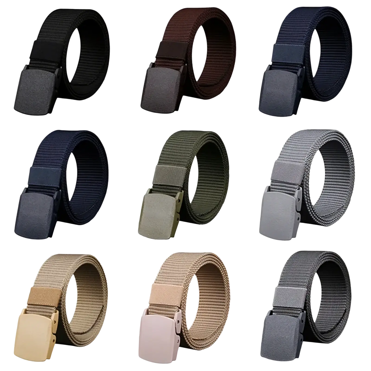 Nine men tactical nylon belts in black brown navy blue olive green gray and tan with matte plastic buckles for outdoor use