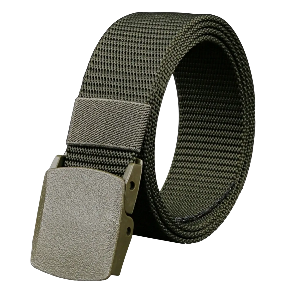 Olive green men tactical nylon belt with adjustable webbing and matte finish metal buckle for outdoor use