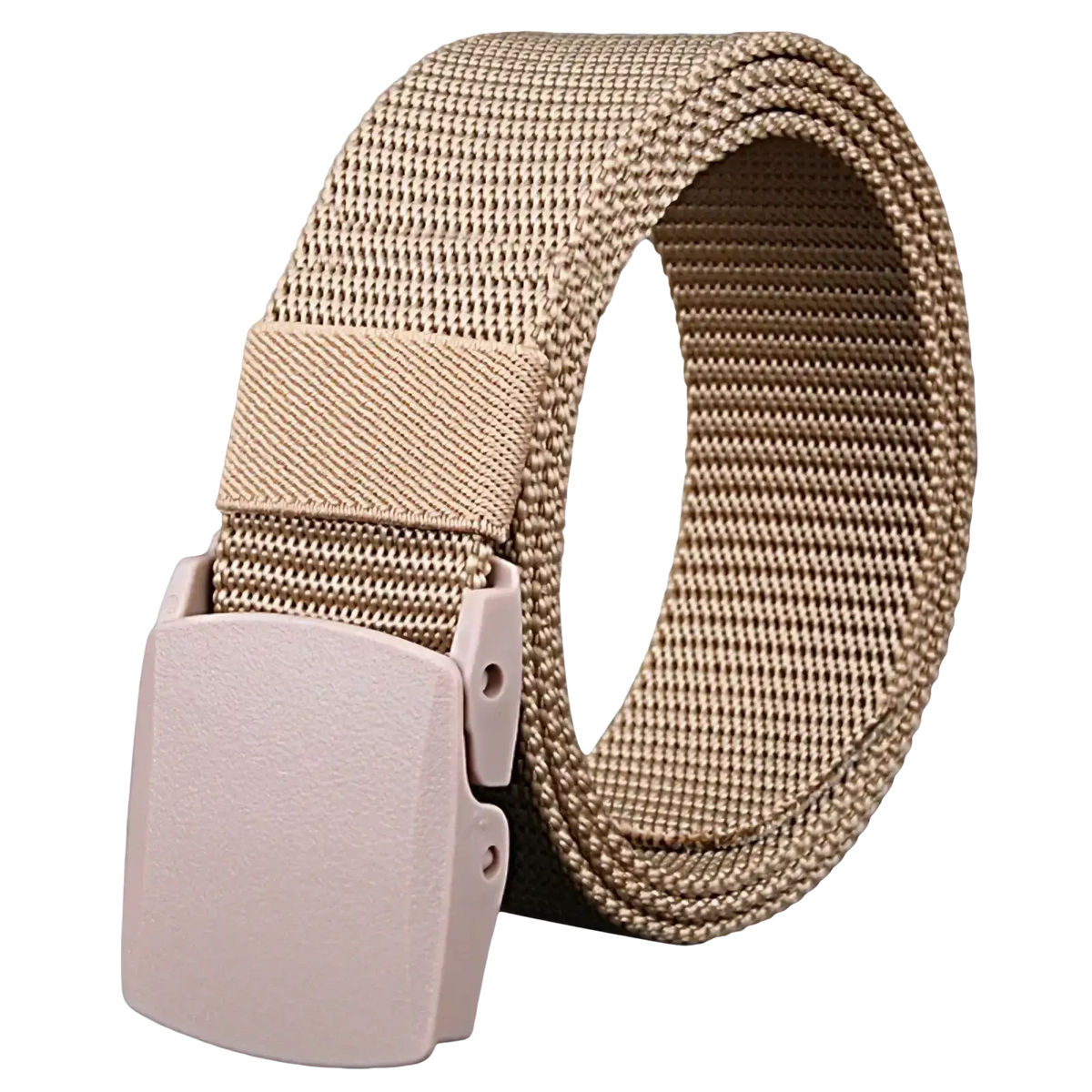 Men tactical nylon belt in tan tactical webbing with matte beige plastic buckle adjustable for outdoor use