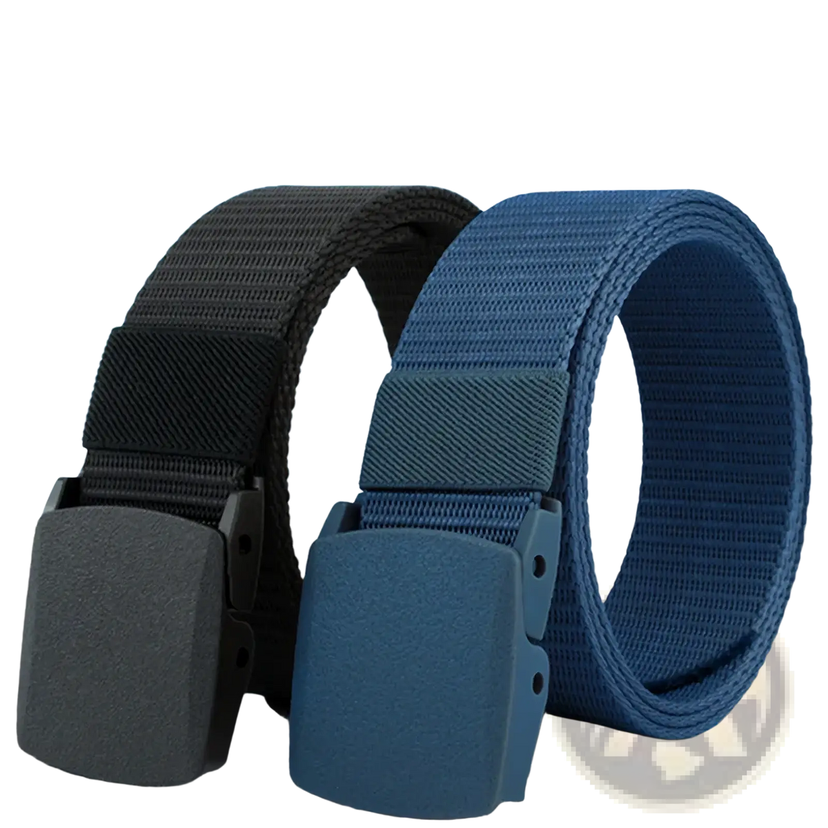 Two men tactical nylon belts in dark gray and navy blue with durable woven fabric straps and plastic buckle closures