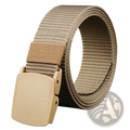 Tan tactical nylon webbing belt with adjustable outdoor waist band and matching plastic buckle for men