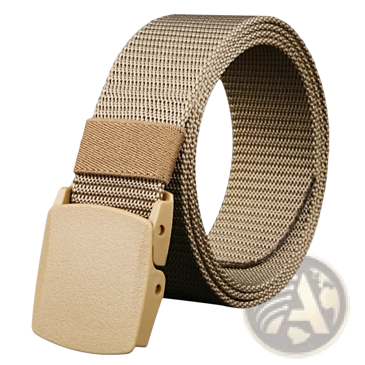 Tan tactical nylon webbing belt with adjustable outdoor waist band and matching plastic buckle for men