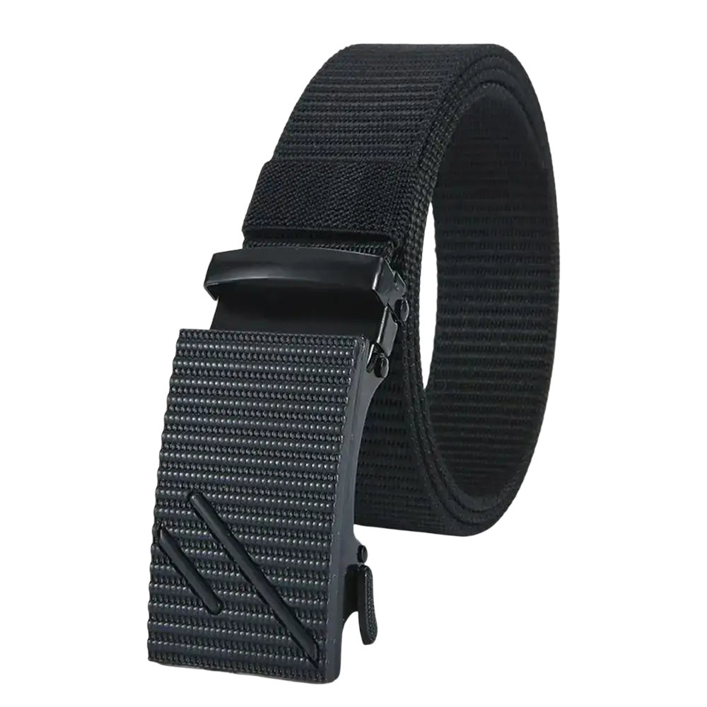 Men tactical nylon belt in black with a textured matte-finish buckle featuring an angular logo for casual outdoor use