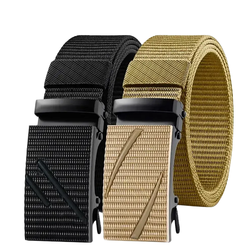 Men tactical nylon belt in black and tan with matte black diagonal line metal buckle for casual outdoor use