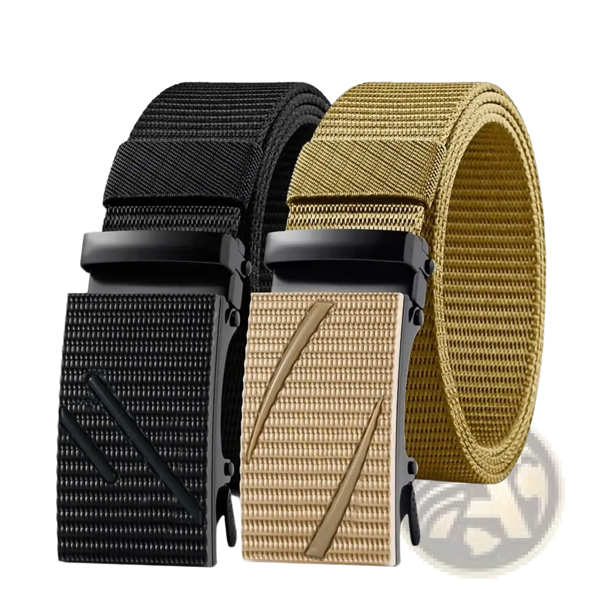 Men tactical nylon belt in black and tan with textured metal buckles for casual outdoor use