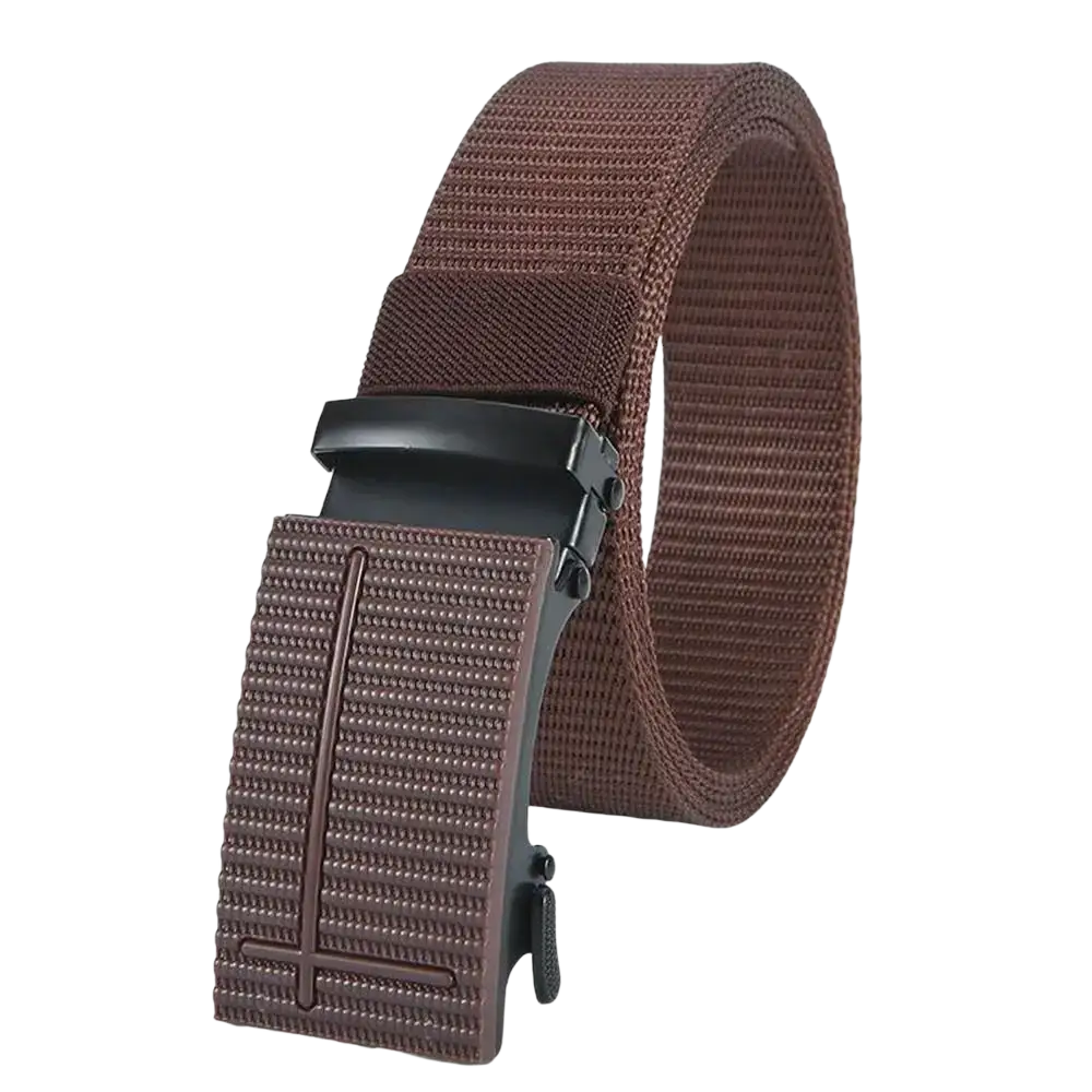 Men tactical nylon belt casual outdoor waistbelt in brown woven canvas with matching textured buckle and black metal hardware
