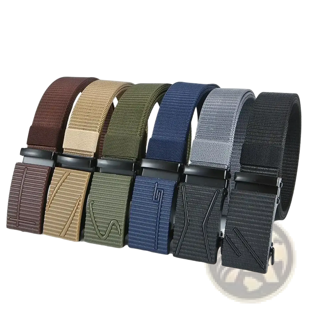 A collection of men tactical nylon belts in earthy tones featuring textured woven fabric straps with color-coded buckles