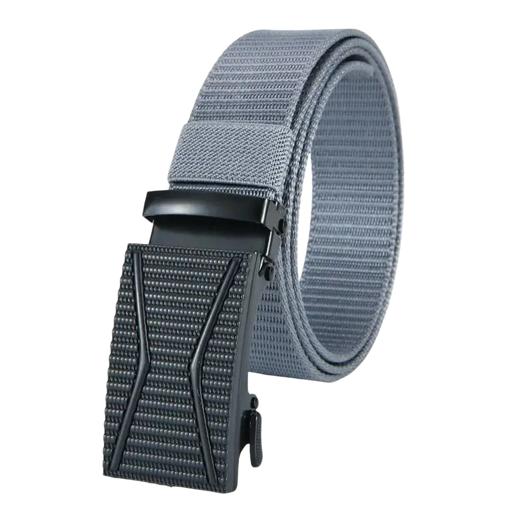 Men tactical nylon belt gray webbing with black textured x-shaped buckle for casual outdoor use