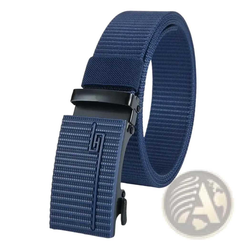 Men tactical nylon belt navy blue woven canvas with textured matte-finish buckle and embossed logo for casual outdoor use
