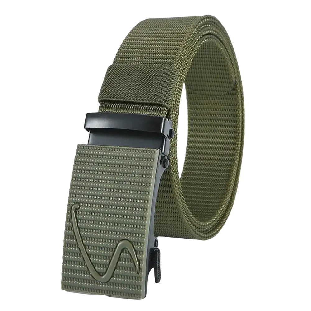 Men tactical nylon belt in olive green with textured embossed wave buckle and black metal hardware for outdoor use