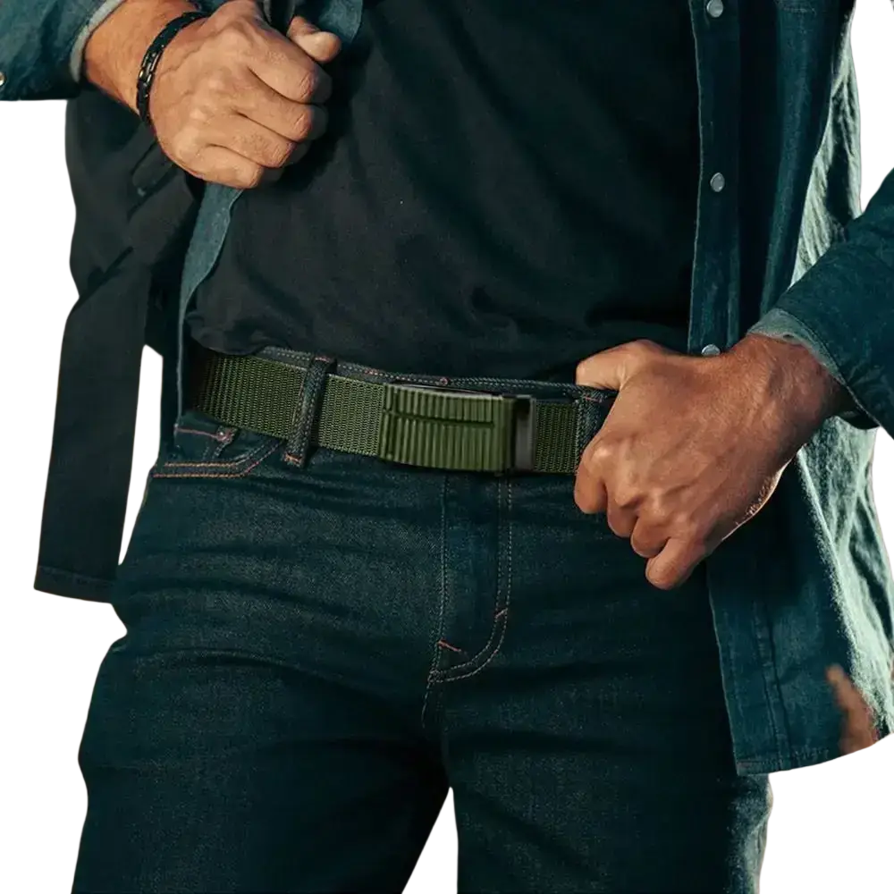 Men tactical nylon belt in olive green with textured ribbed fabric and matte black buckle for casual outdoor use