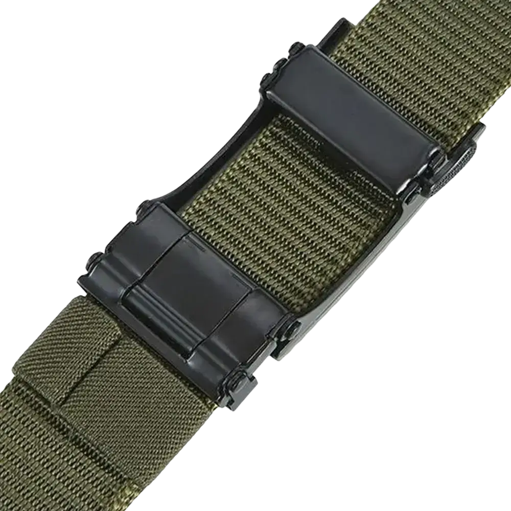 Olive green men tactical nylon belt with black plastic buckle designed for casual outdoor use