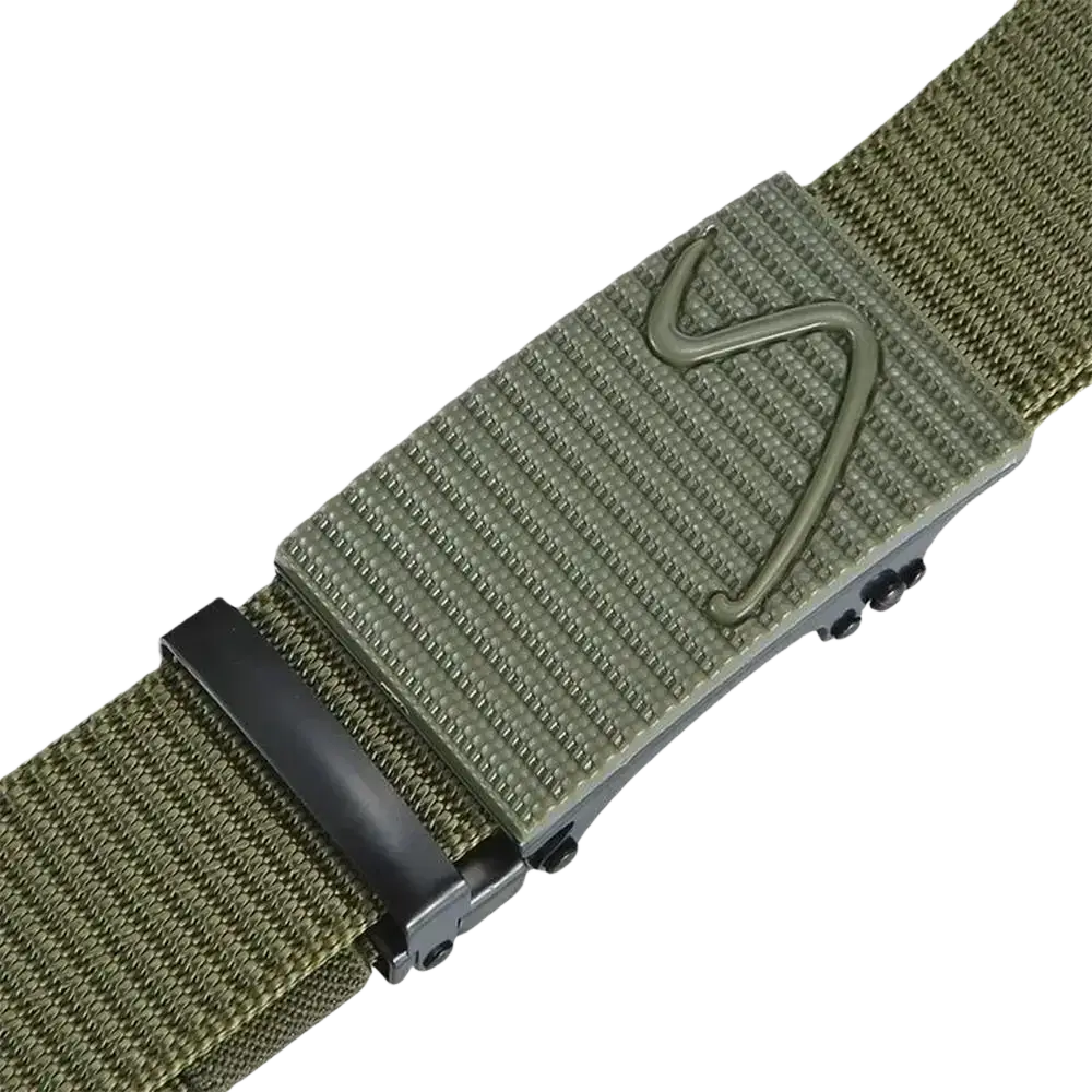 Men tactical nylon belt in olive green with matte black buckle and embossed s-shaped logo for casual outdoor use