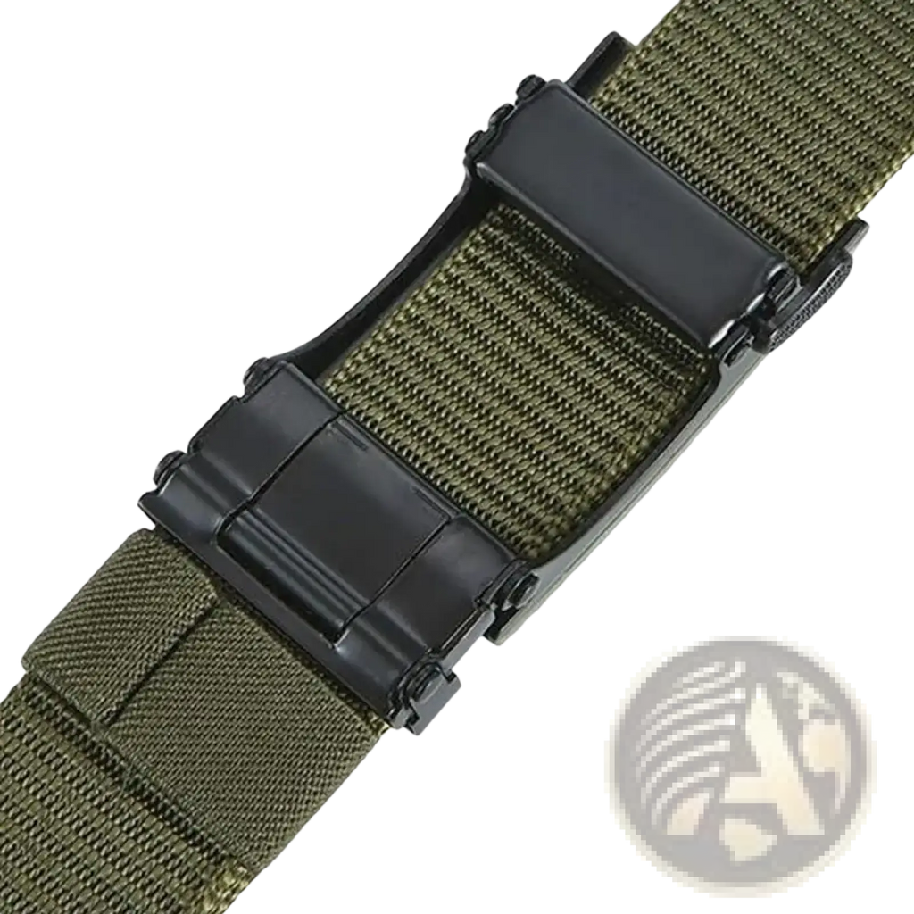 Men tactical nylon belt in olive green with black plastic buckle suitable for casual and outdoor use