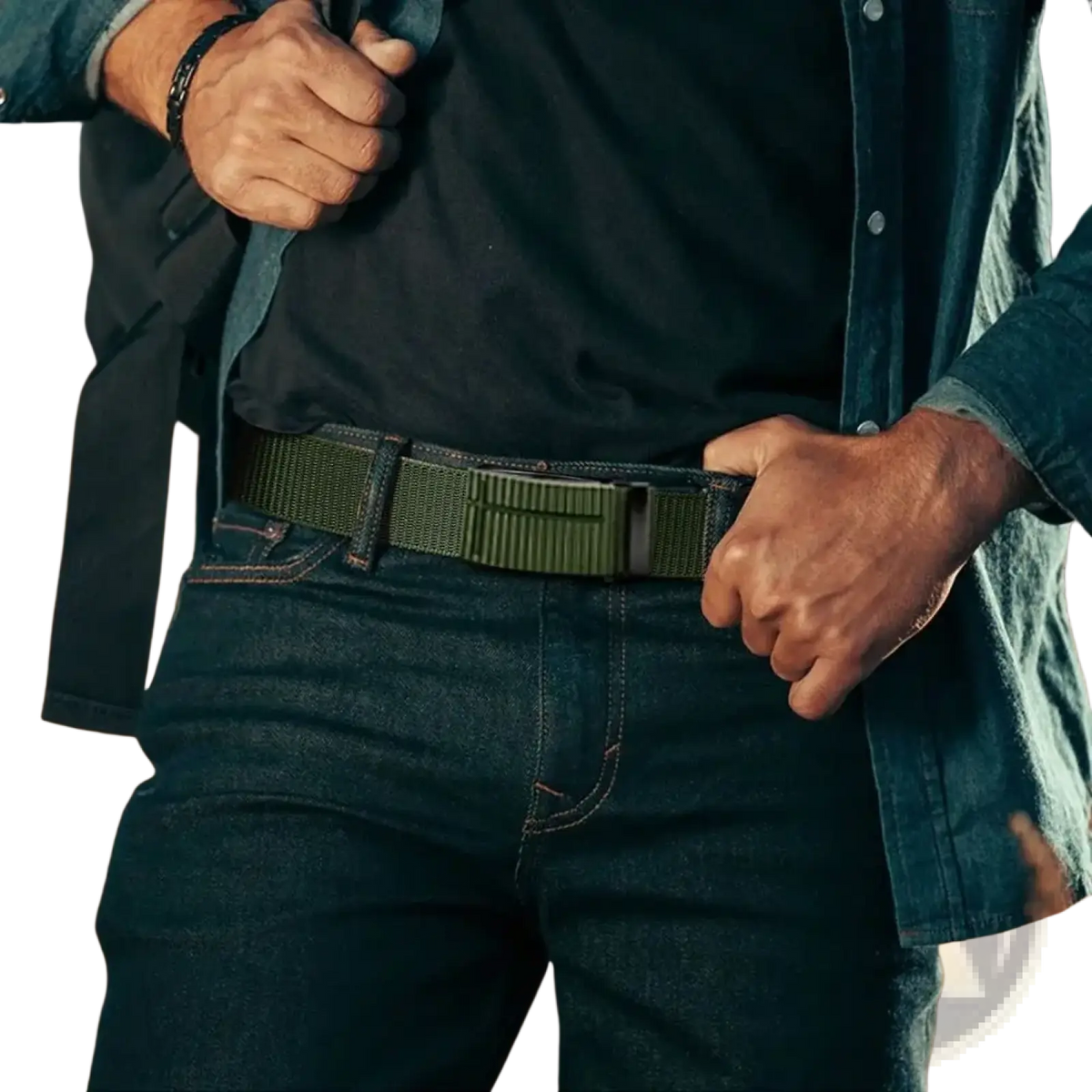 Men tactical nylon belt in olive green with matte black buckle and reinforced stitching for casual outdoor use