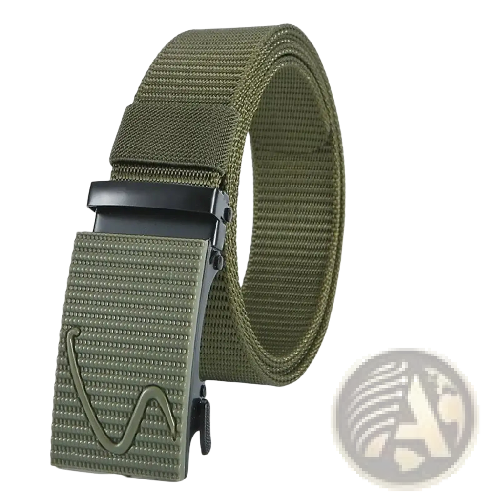 Men tactical nylon belt in olive green with textured buckle and black metal hardware for casual outdoor use
