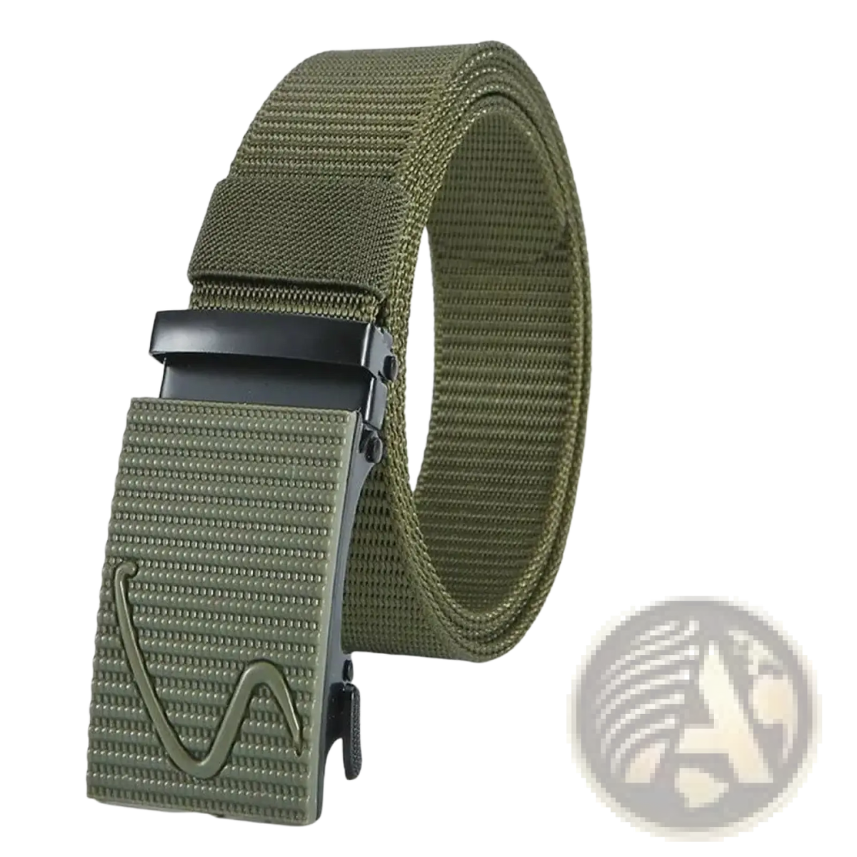 Men tactical nylon belt in olive green with textured buckle and black metal hardware for casual outdoor use