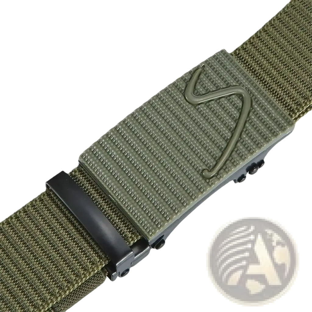 Men tactical nylon belt in olive green with textured webbing strap and matte black buckle featuring embossed s-shaped logo