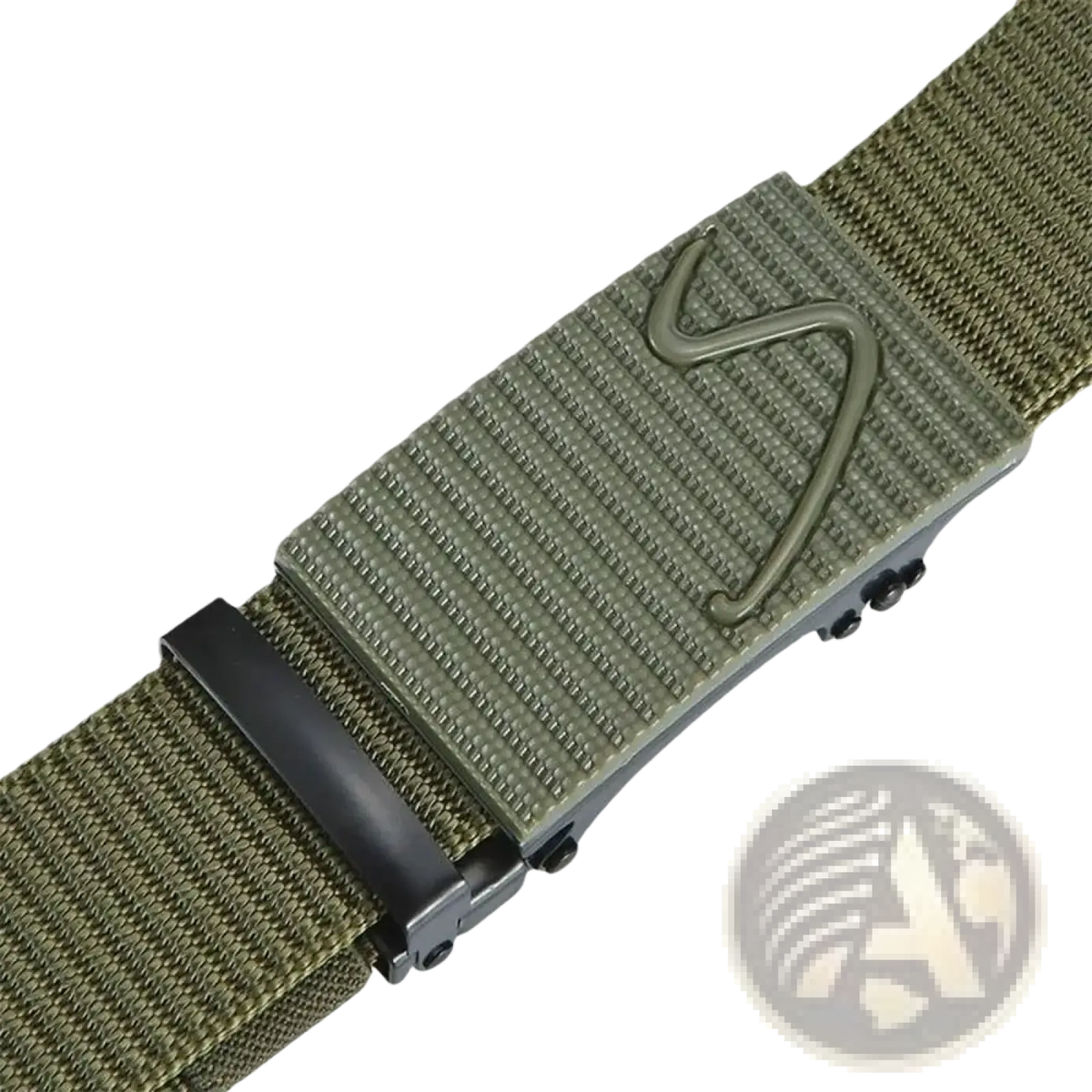 Men tactical nylon belt in olive green with textured webbing strap and matte black buckle featuring embossed s-shaped logo