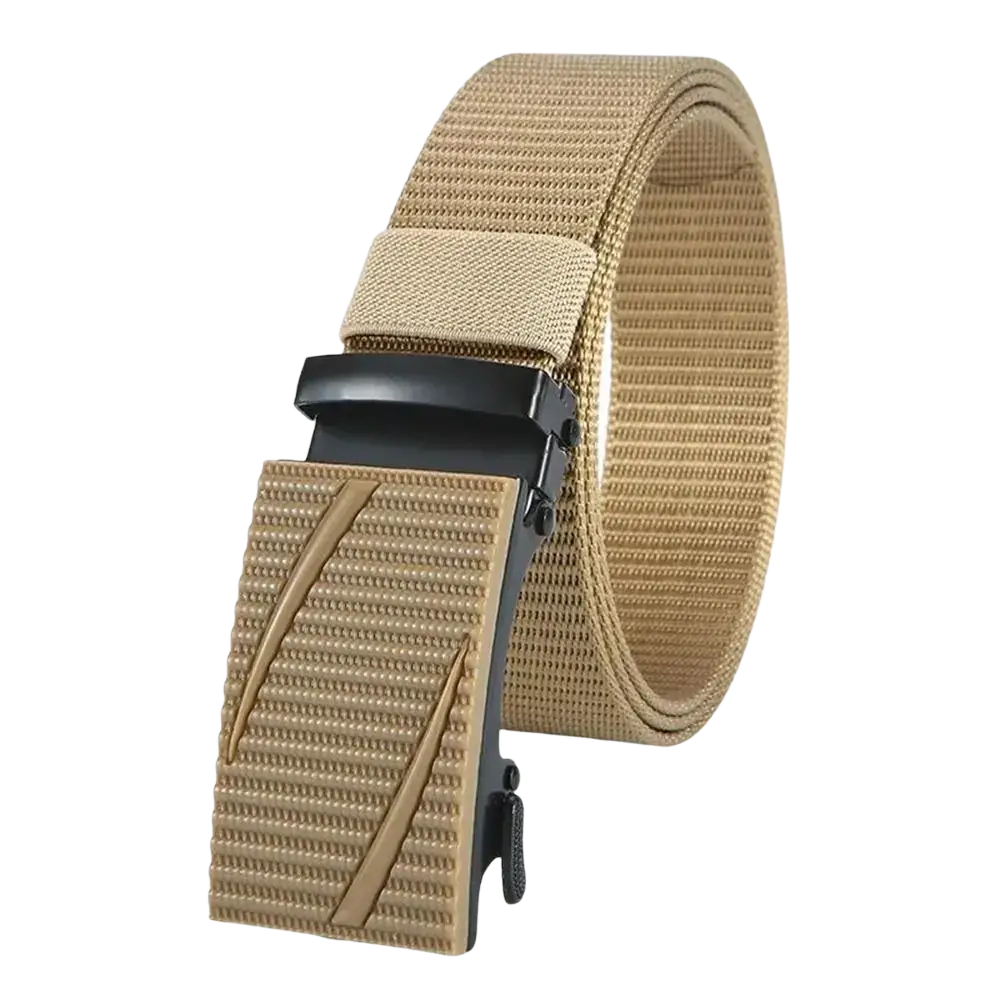 Tan men tactical nylon belt with black automatic buckle and textured diagonal-striped pattern for casual outdoor use