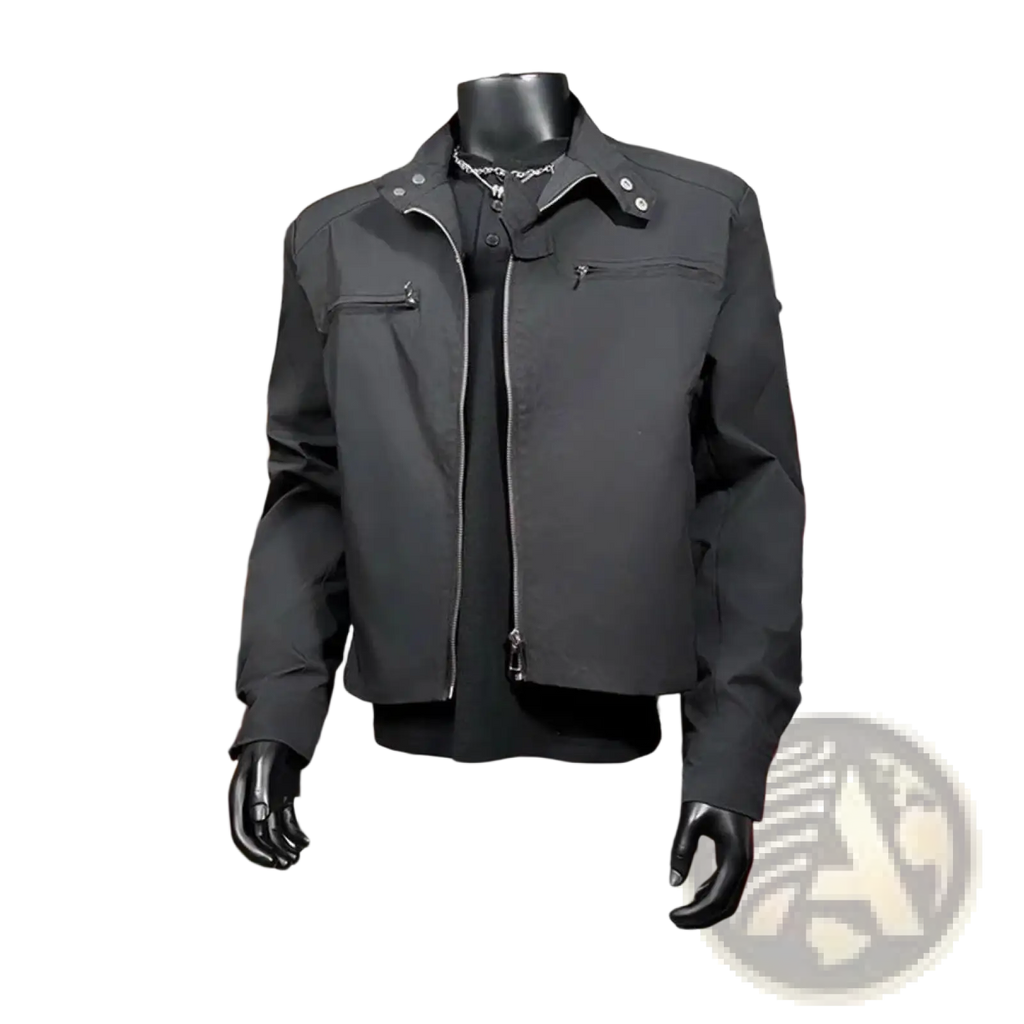 Men tactical stand collar jacket black displayed on mannequin featuring silver zippers and snap buttons