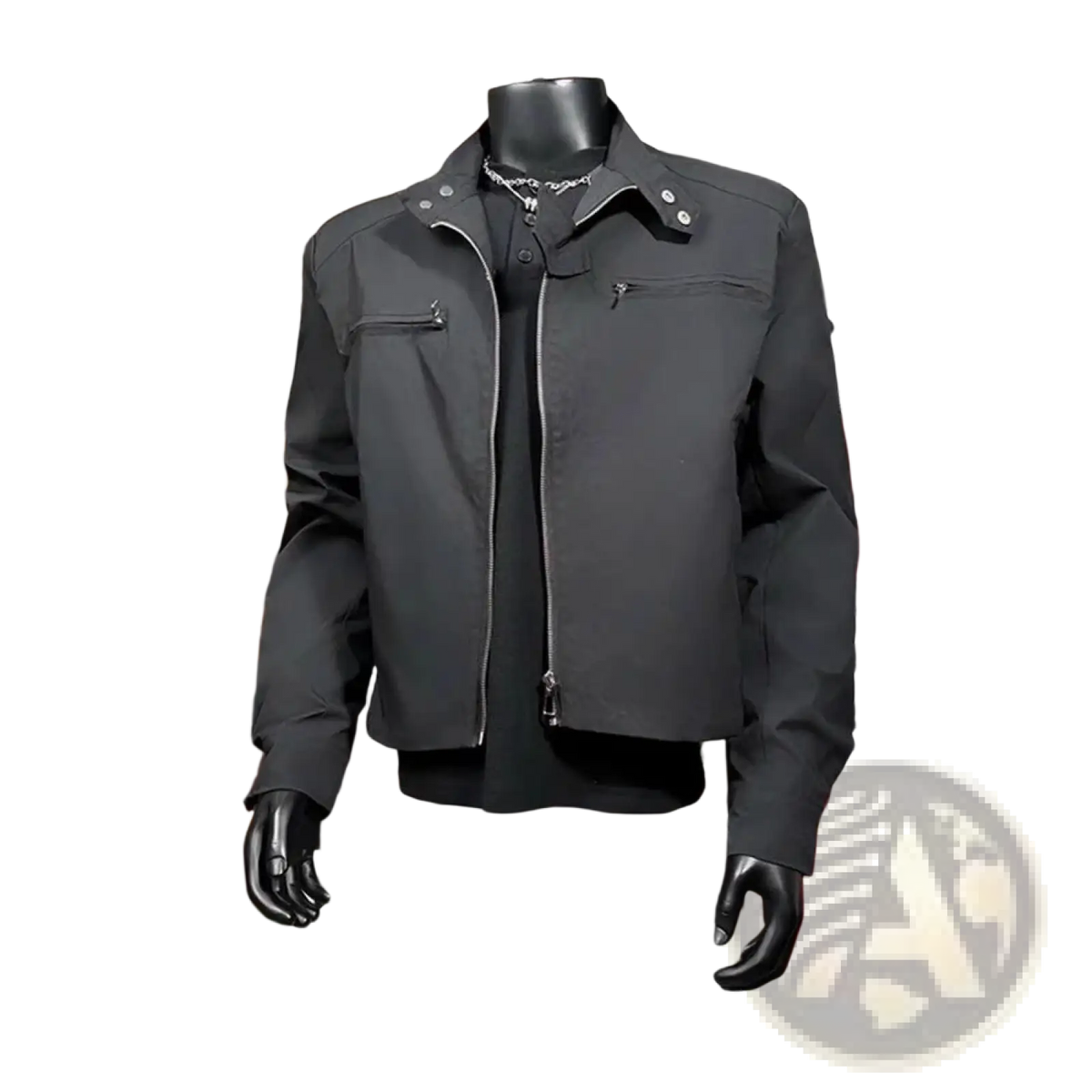 Men tactical stand collar jacket black displayed on mannequin featuring silver zippers and snap buttons