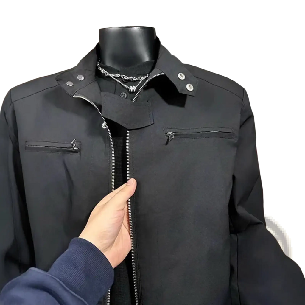 Men tactical stand collar jacket black featuring silver zippers and button details in a tactical style design