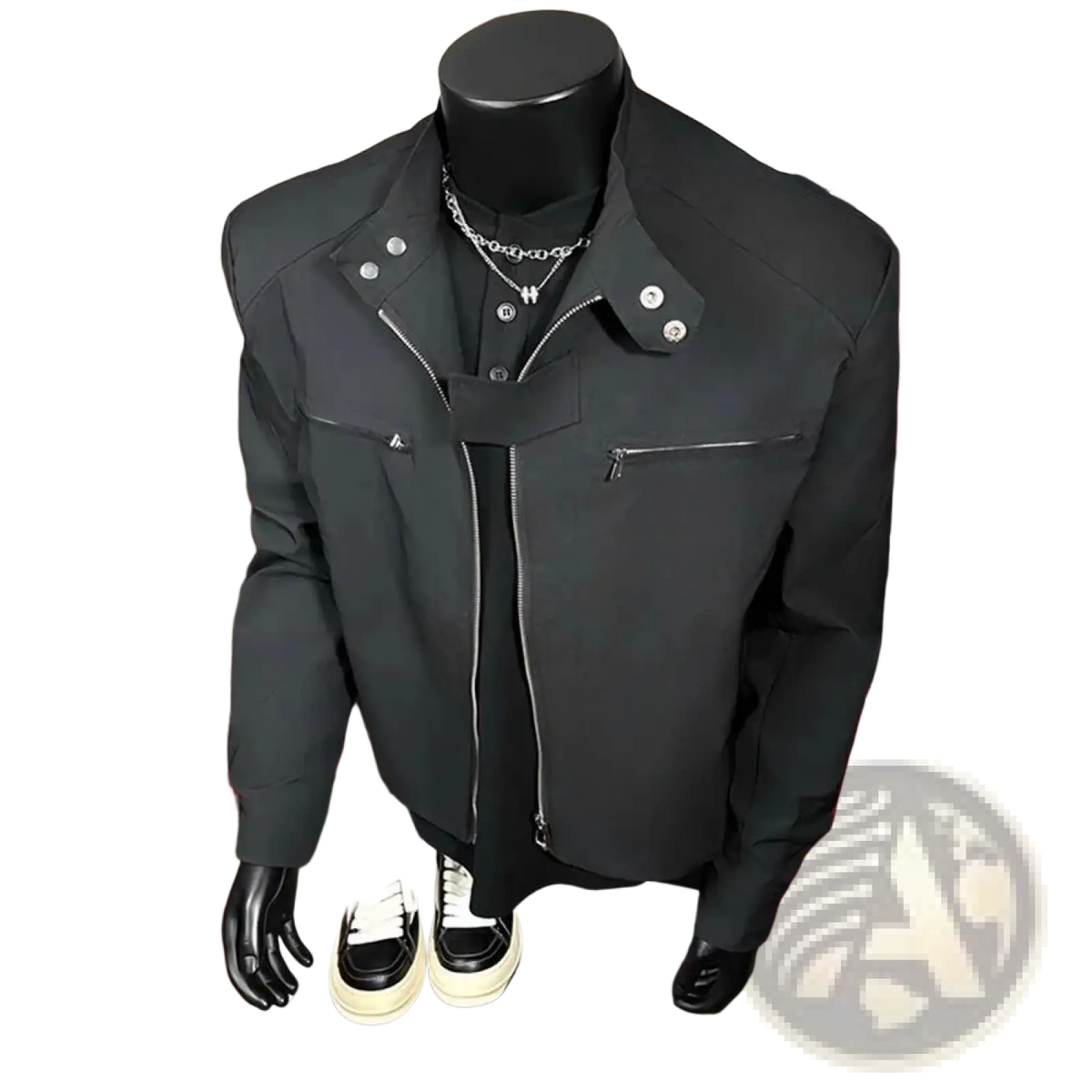 Men tactical stand collar black jacket with silver zippers and button accents in a tactical style design