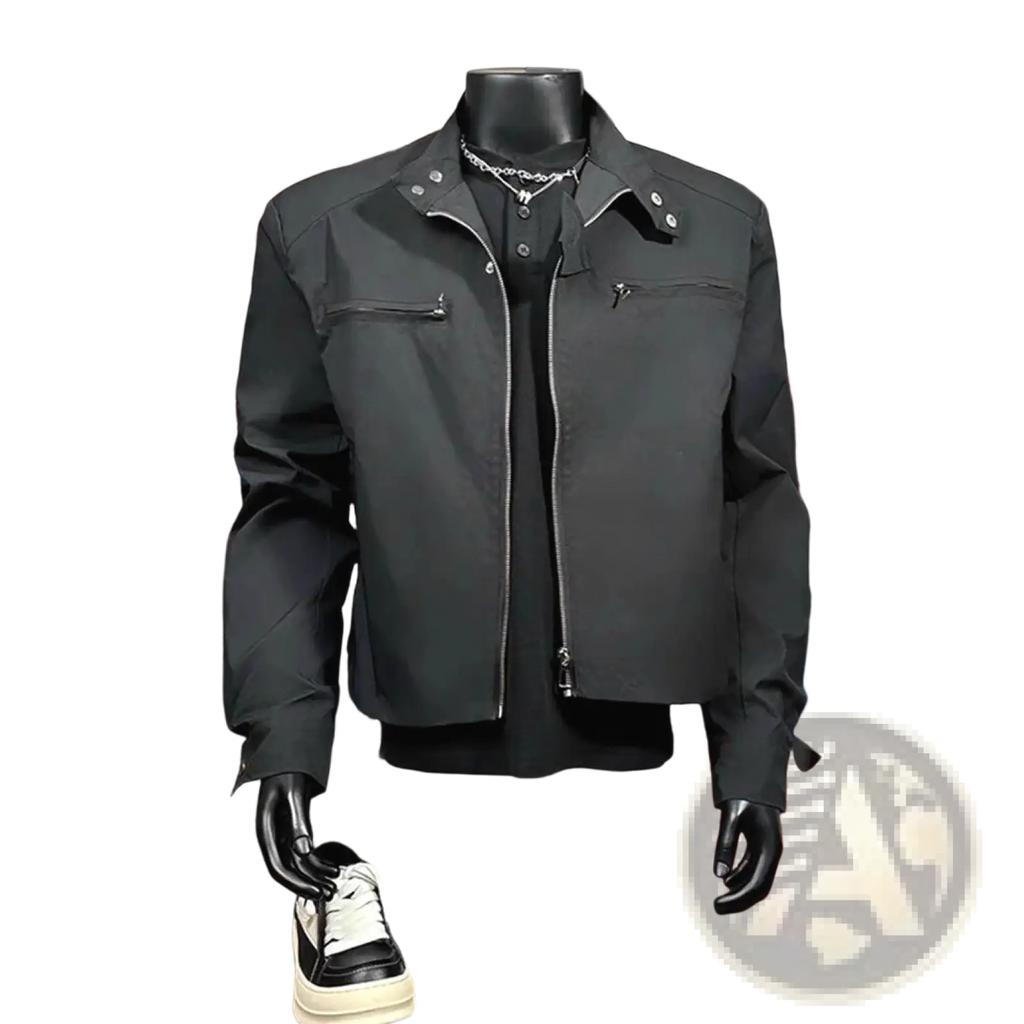 Men tactical stand collar jacket black made of durable fabric featuring silver zippers and button details on front