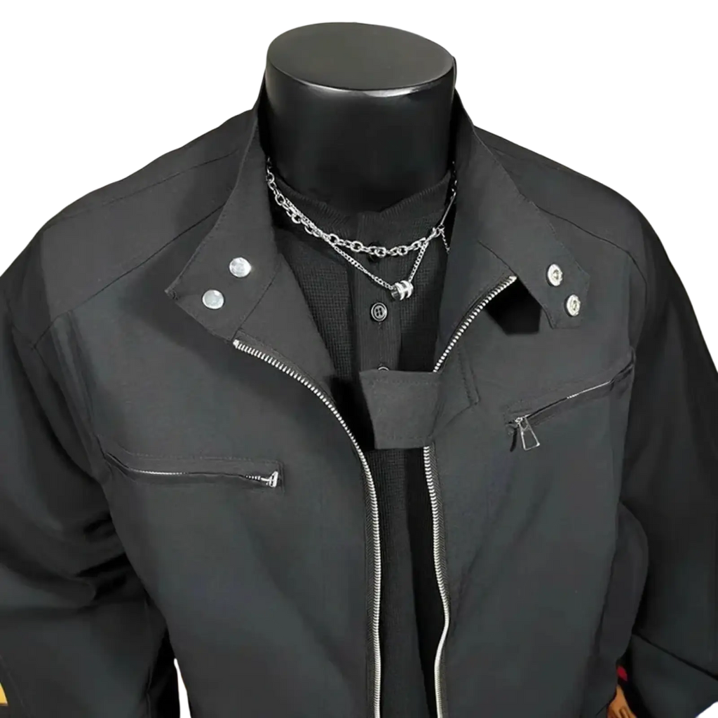 Men tactical stand collar jacket black utility style with silver zippers and button accents for outdoor use