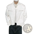 Men tactical black leather jacket with stand collar and front zipper in white leather