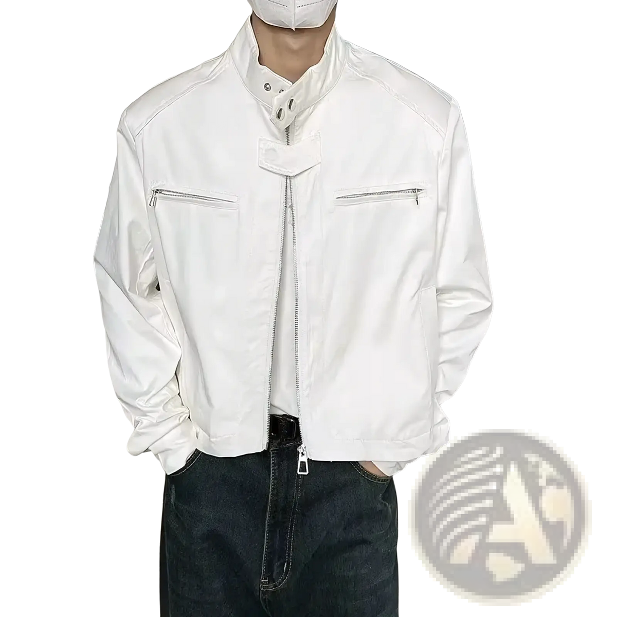 Men tactical black leather jacket with stand collar and front zipper in white leather