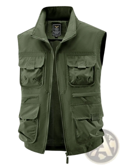 Olive green men tactical utility vest with multiple pockets zipper front windproof thermal outerwear