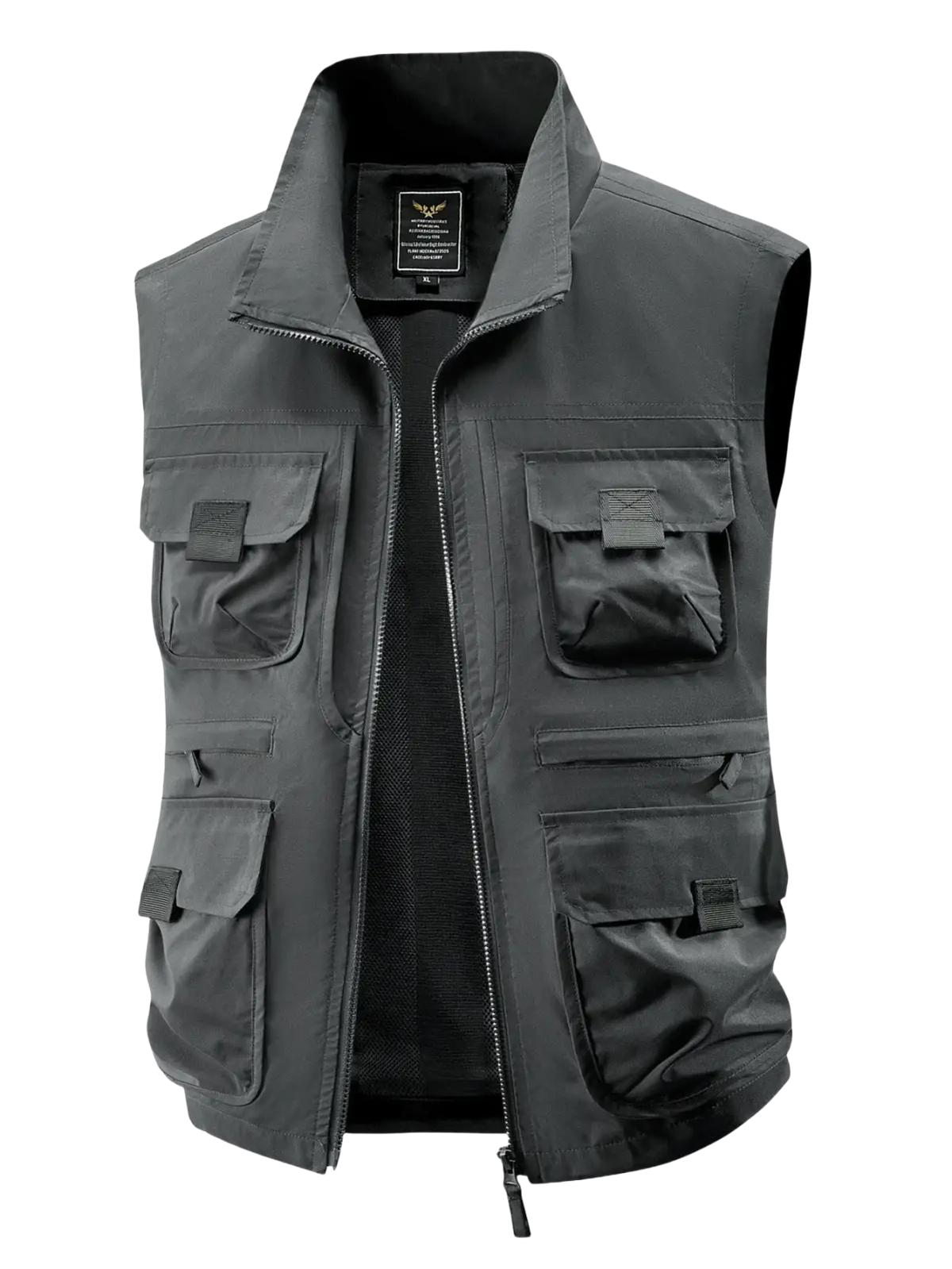 Dark gray men tactical utility vest with multiple pockets and zipper front windproof thermal outerwear
