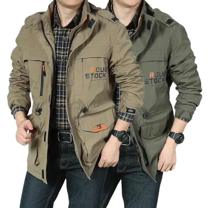 Men tactical waterproof outdoor jackets in khaki and olive green with orange accents and roug stock branding
