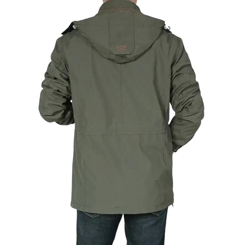Men tactical waterproof outdoor jacket in khaki olive green with a textured collar and subtle stitching details