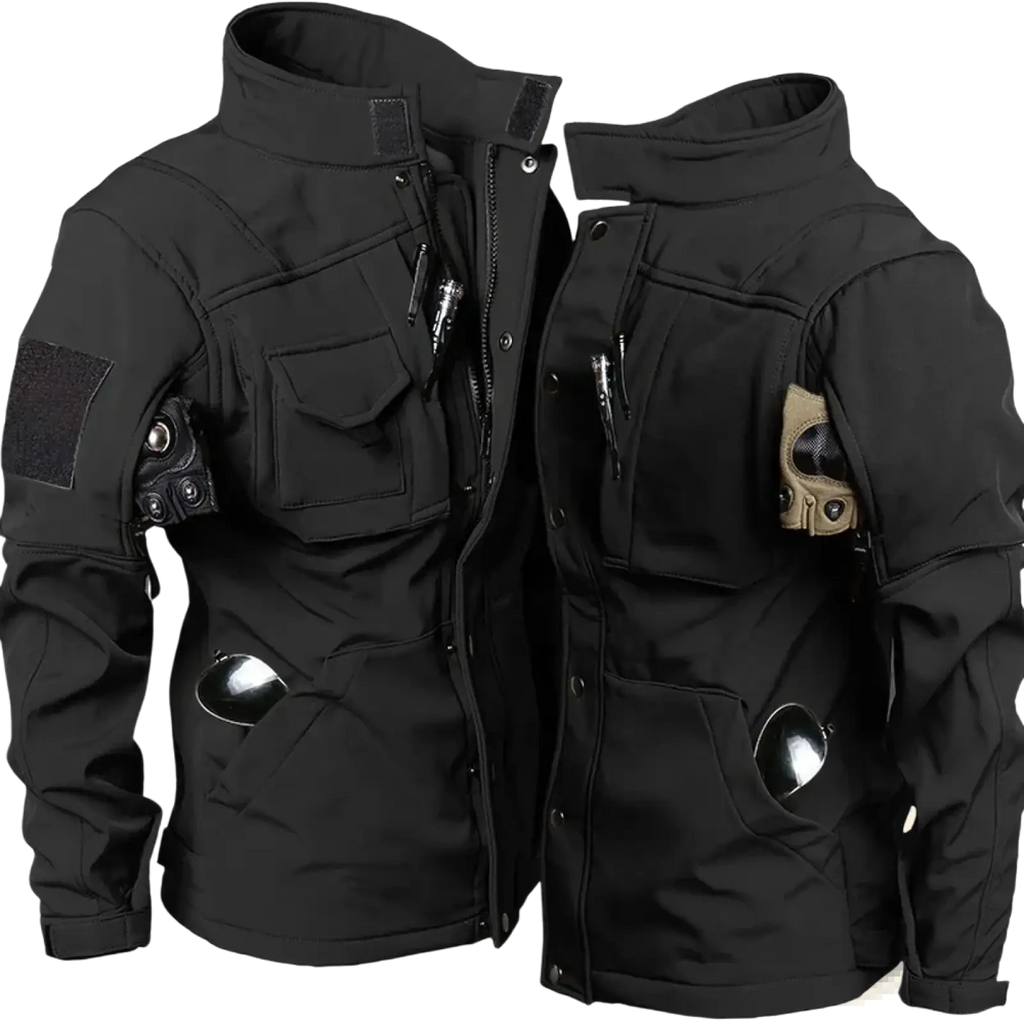 Men tactical waterproof soft shell jacket in black featuring multiple pockets adjustable shoulder straps and high collar