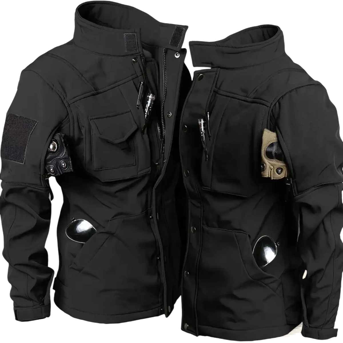 Men tactical waterproof soft shell jacket in black featuring multiple pockets adjustable shoulder straps and high collar