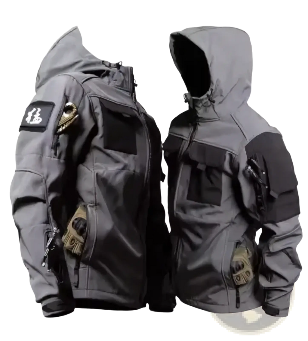 Men tactical waterproof soft shell jacket in gray with black and tan accents featuring multiple pockets and hood