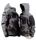 Men tactical waterproof soft shell jacket in gray with black and tan accents featuring multiple pockets and hood