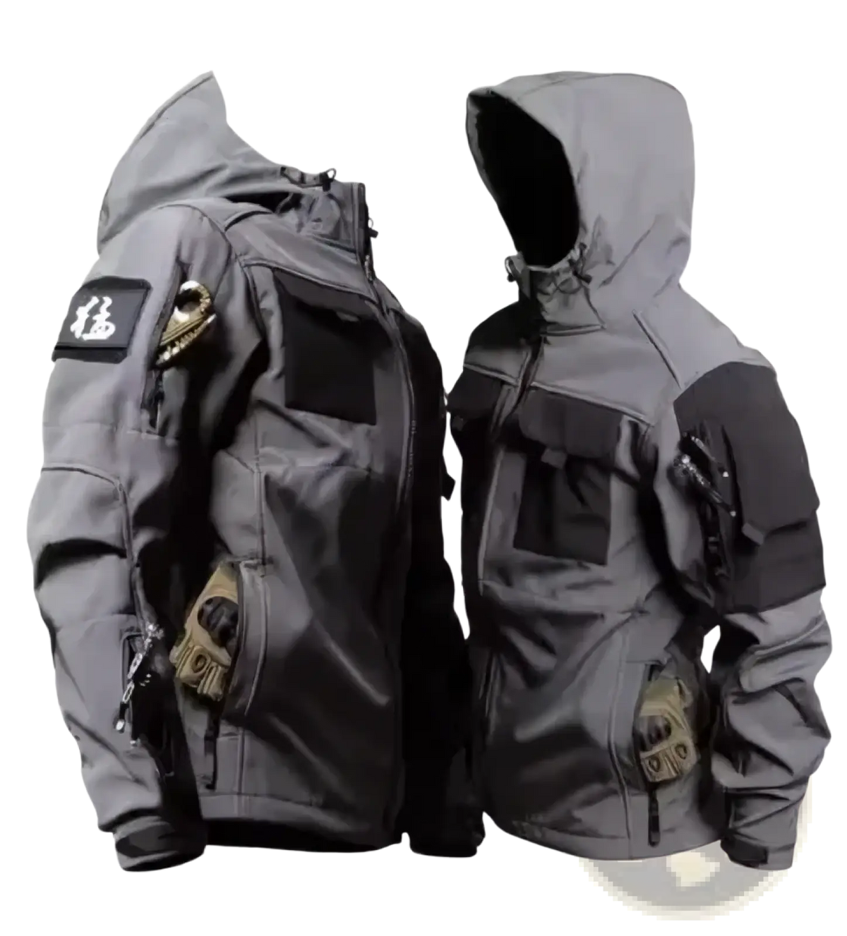 Men tactical waterproof soft shell jacket in gray with black and tan accents featuring multiple pockets and hood