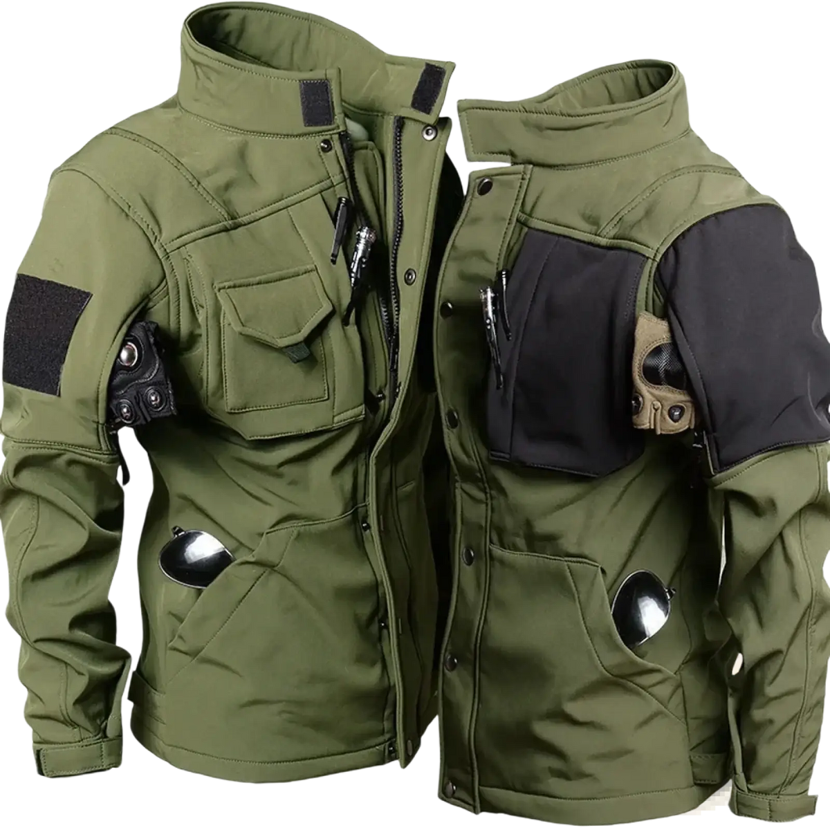 Men tactical waterproof soft shell jacket in olive green with black reinforced panels and multiple utility pockets