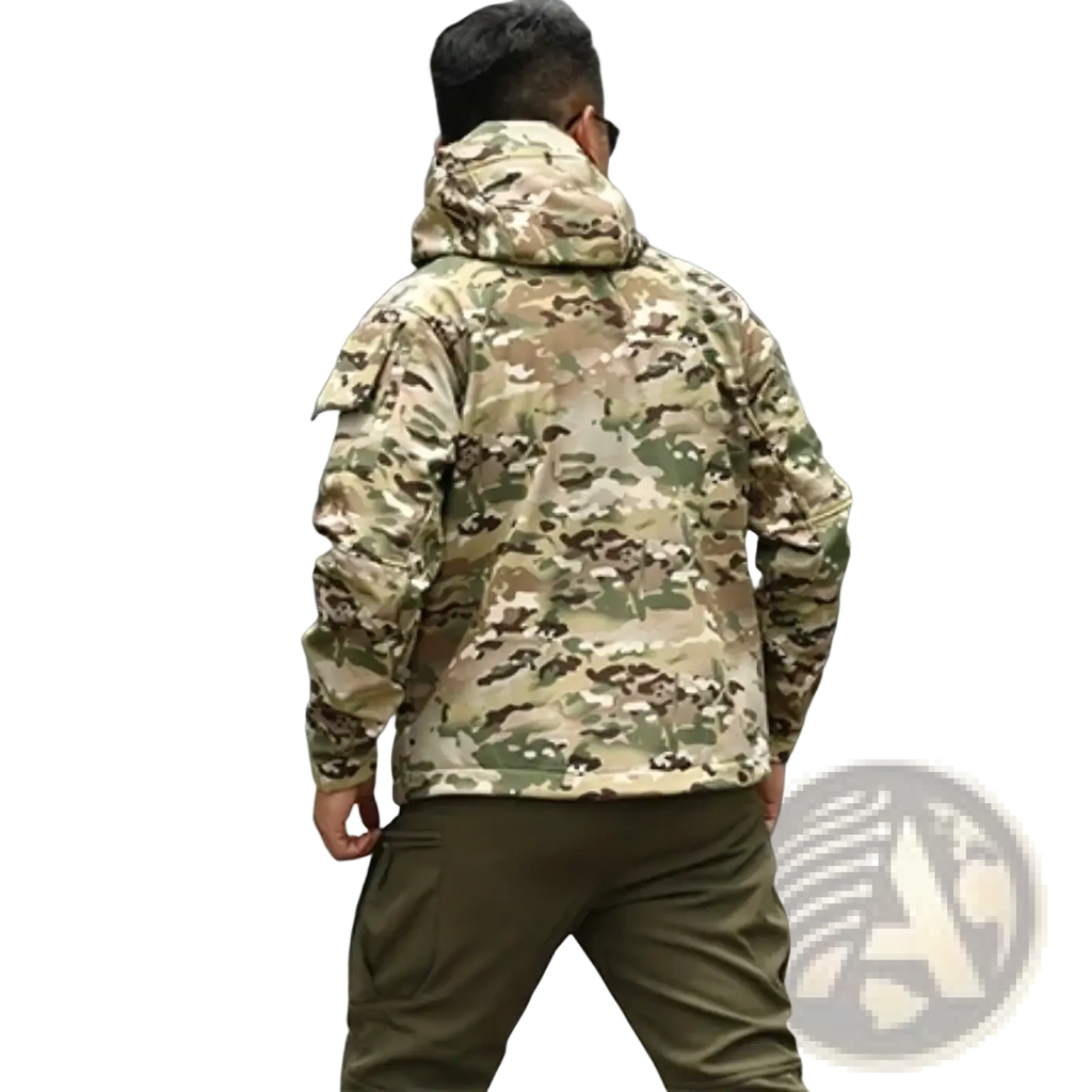Men tactical winter fleece jacket waterproof military hooded coat in camouflage with green and beige earthy tones