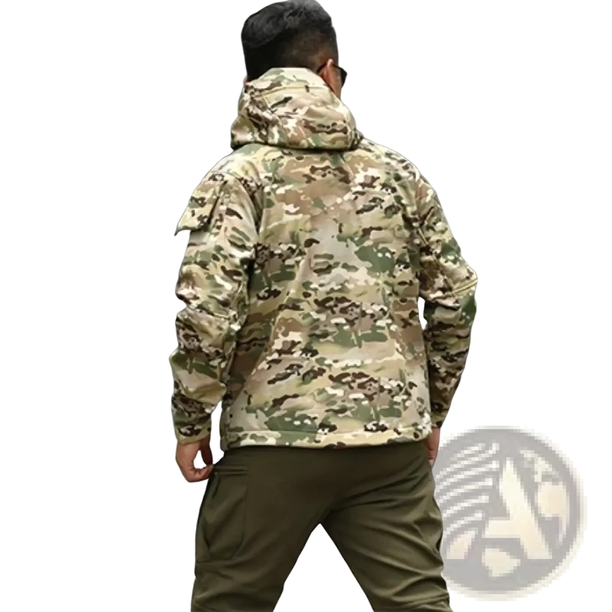 Men tactical winter fleece jacket waterproof military hooded coat in camouflage with green and beige earthy tones