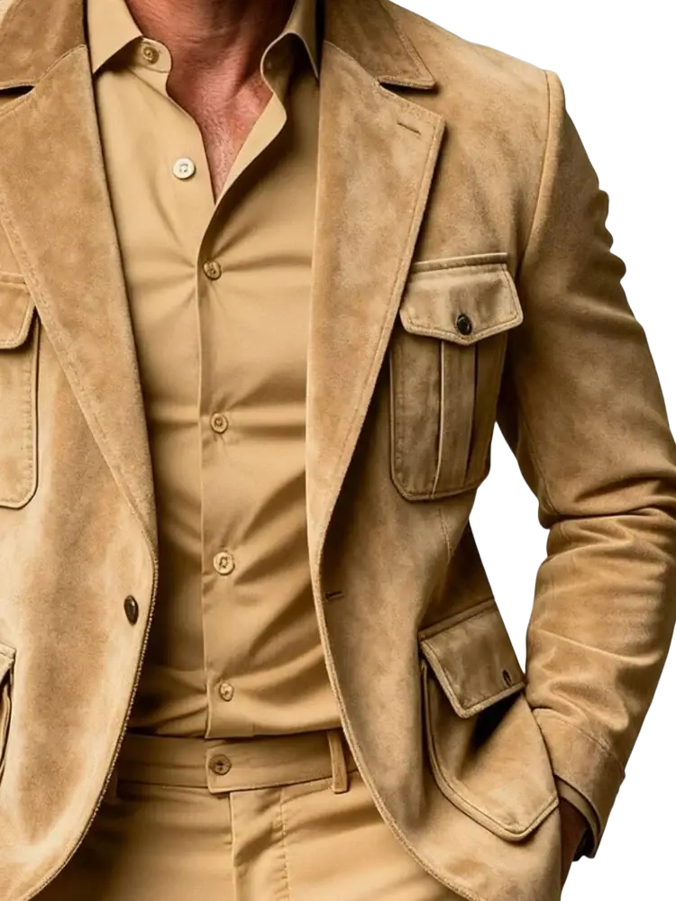 Men tan suede single breasted blazer with flap pockets paired with a matching buttoned shirt