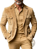 Men tan suede blazer single breasted suit jacket with flap pockets and matching buttoned shirt visible from the front