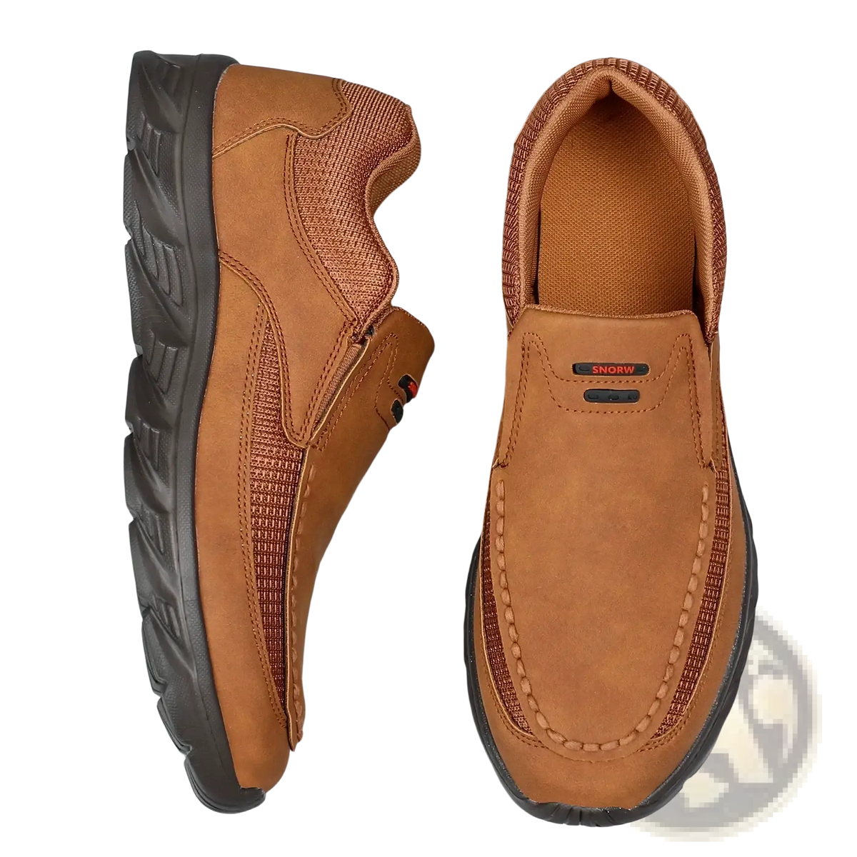 Men tan suede casual slip on shoes with black rubber soles mesh panels and snow logo on the tongue