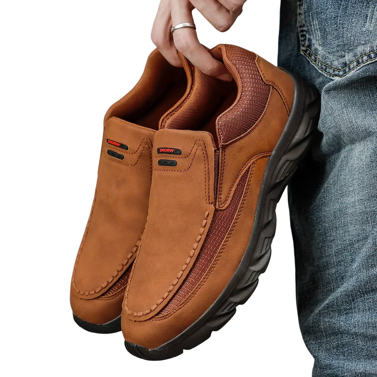 Men tan suede casual slip on shoes featuring brown suede with mesh panels and black rubber soles