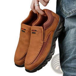 Men tan suede casual slip on shoes featuring brown suede with mesh panels and black rubber soles
