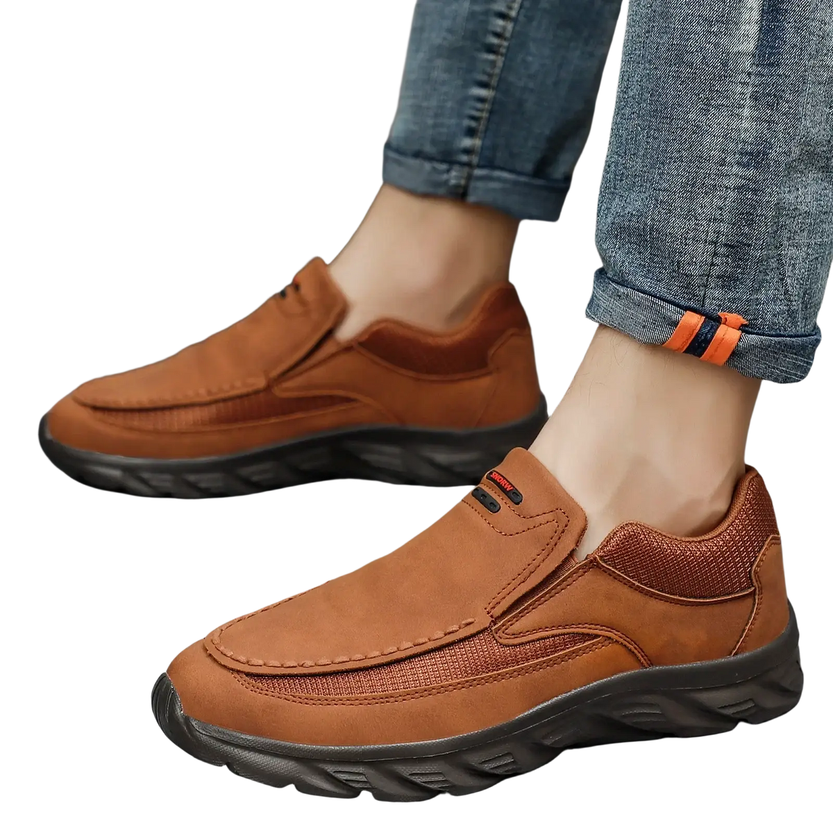 Men tan suede casual slip on shoes featuring brown suede with a textured mesh panel and black rubber sole